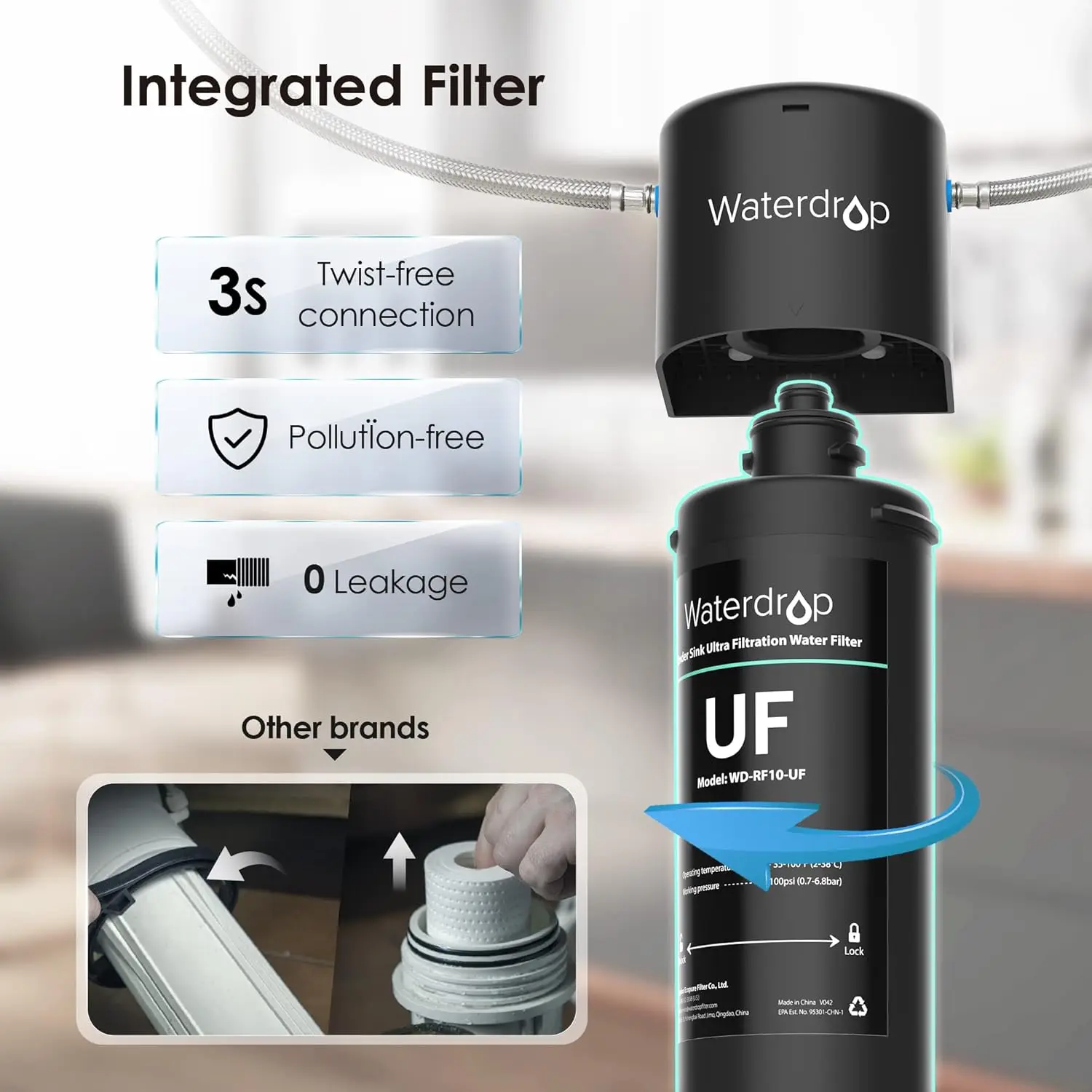 Waterdrop 10UA-UF 0.01 &mu;m Ultra Filtration Under Sink Water Filter for Ba&ccedil;tёria Reduction, 8K Gallons, USA Tech