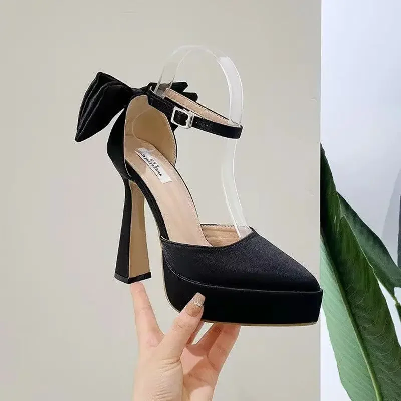 High Heels Women 2024 Summer New Fashion Satin Face Pointed Toe High Heel Sandals Bow One Word Buckle Thick Heel Women's Shoes 5