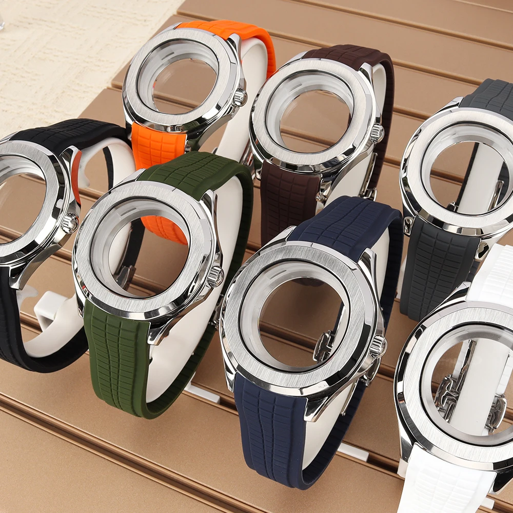 Silver Square Watch Case with Black and Blue Rubber Strap & Sapphire Crystal