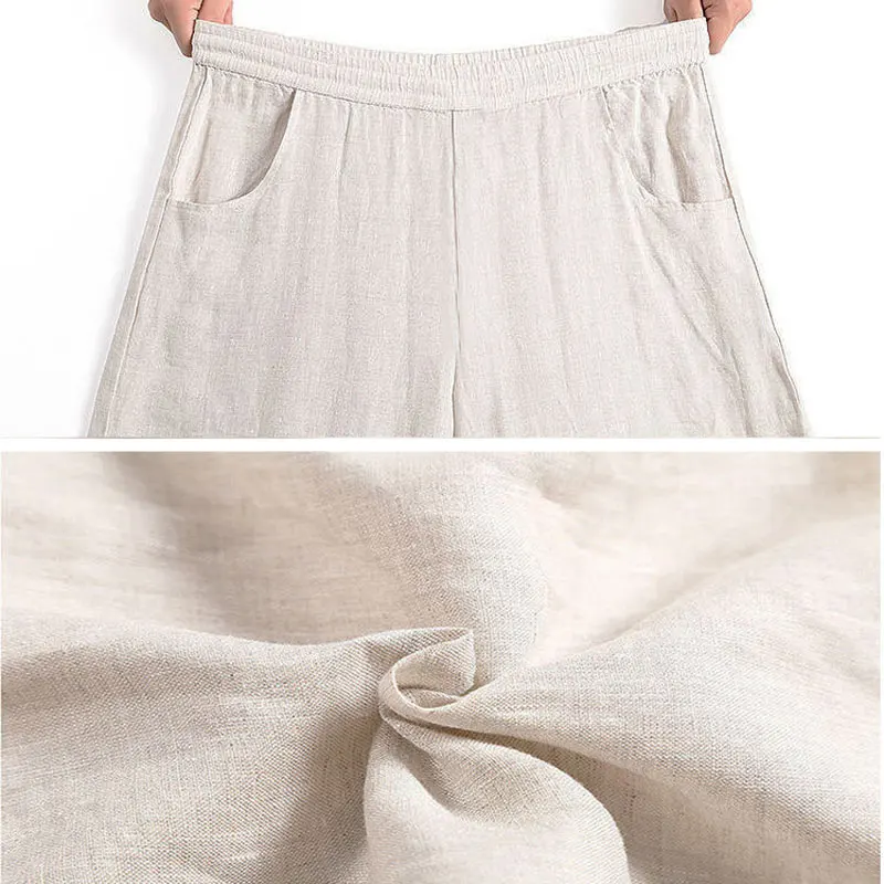 Women Vintage Wide Leg Pants Cotton Linen High Waist Baggy Trousers Mom's Ankle-length Oversized Pantalones New Elegant Spodnie