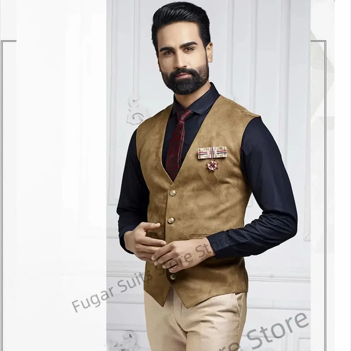 Luxuly Golden Elegant Suit For Men Slim Fit Notched Lapel Formal Groom Tuxedos 3 Pieces Sets Business Male Blazer Costume Homme