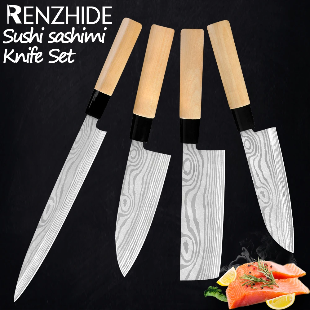 RZD Stainless Steel Sushi Sashimi  Japanese Chef Knives Set Damascus Pattern Veins Cooking Cleaver Chopping Fillet Fishing Tools