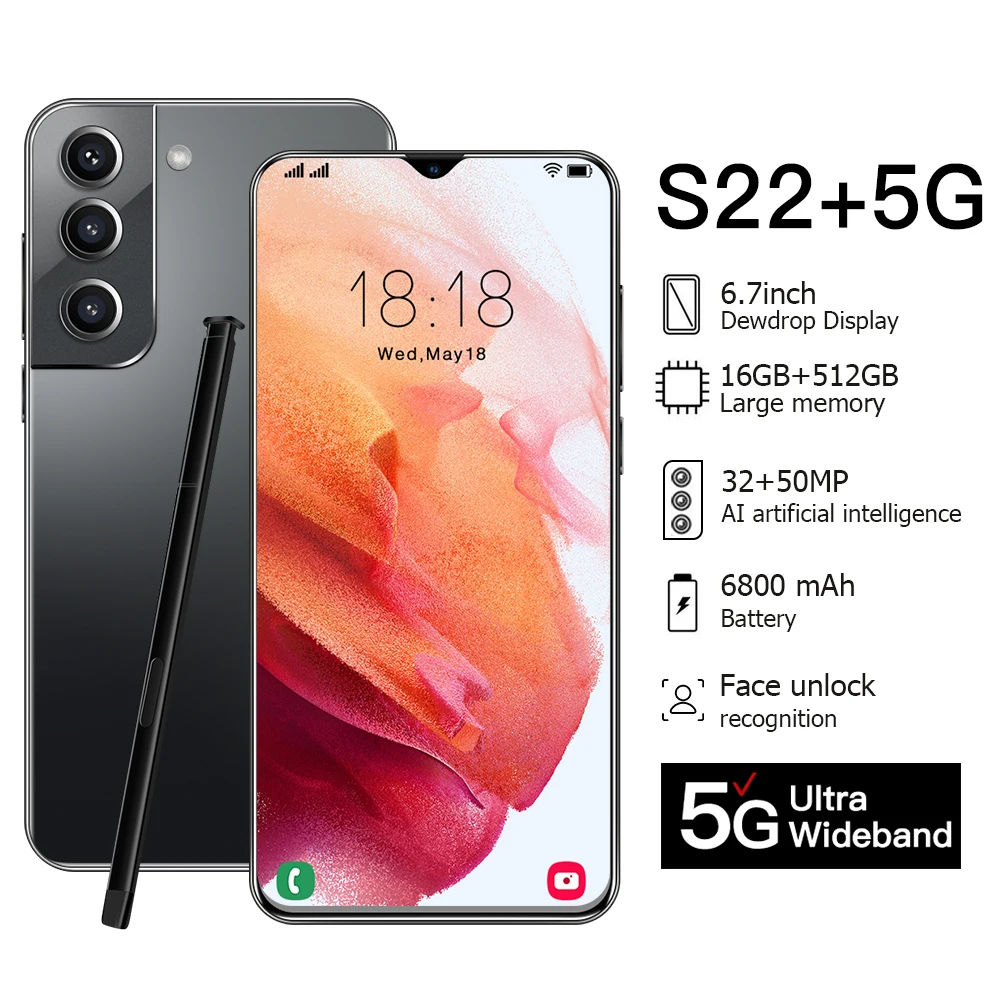 Оригинальный смартфон S22 Ultra 6 7 дюйма 16 ГБ + 512 телефон Android 6000 мАч поддержка