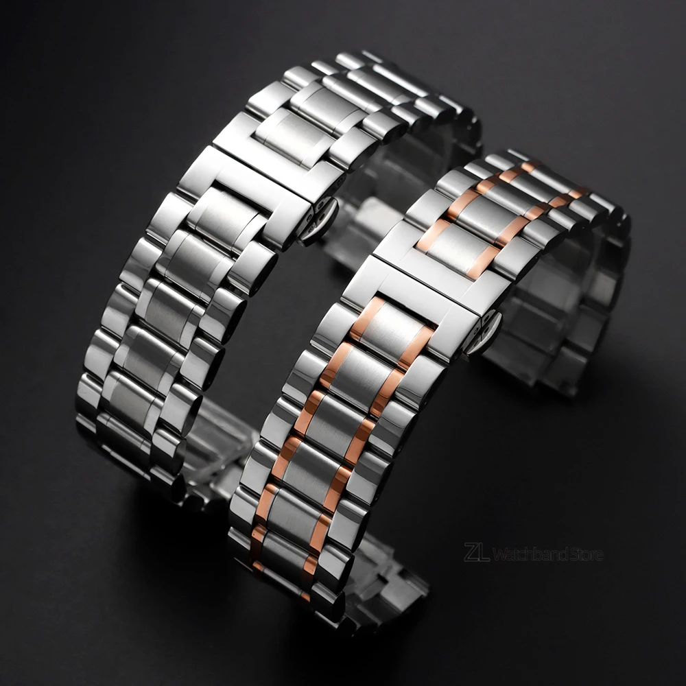 Elegant Stainless Steel Watch Strap with Curved End and Butterfly Clasp