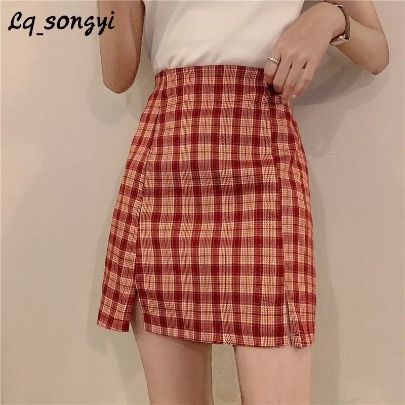 

Women Plaid Short Skirts Korean High Waist Mini Skirt Woman 2023 Spring Summer Sexy Package Hip Skirt