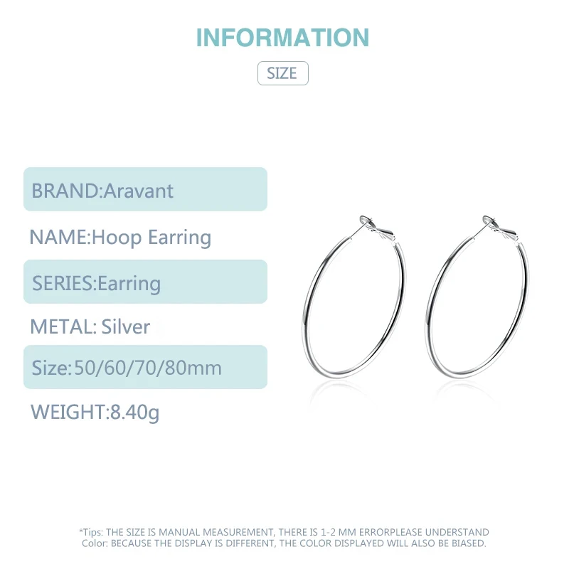 925 Silver 50MM/60MM/70MM/80MM Creole Circle Hoop Earrings For Women Christmas Party Jewelry