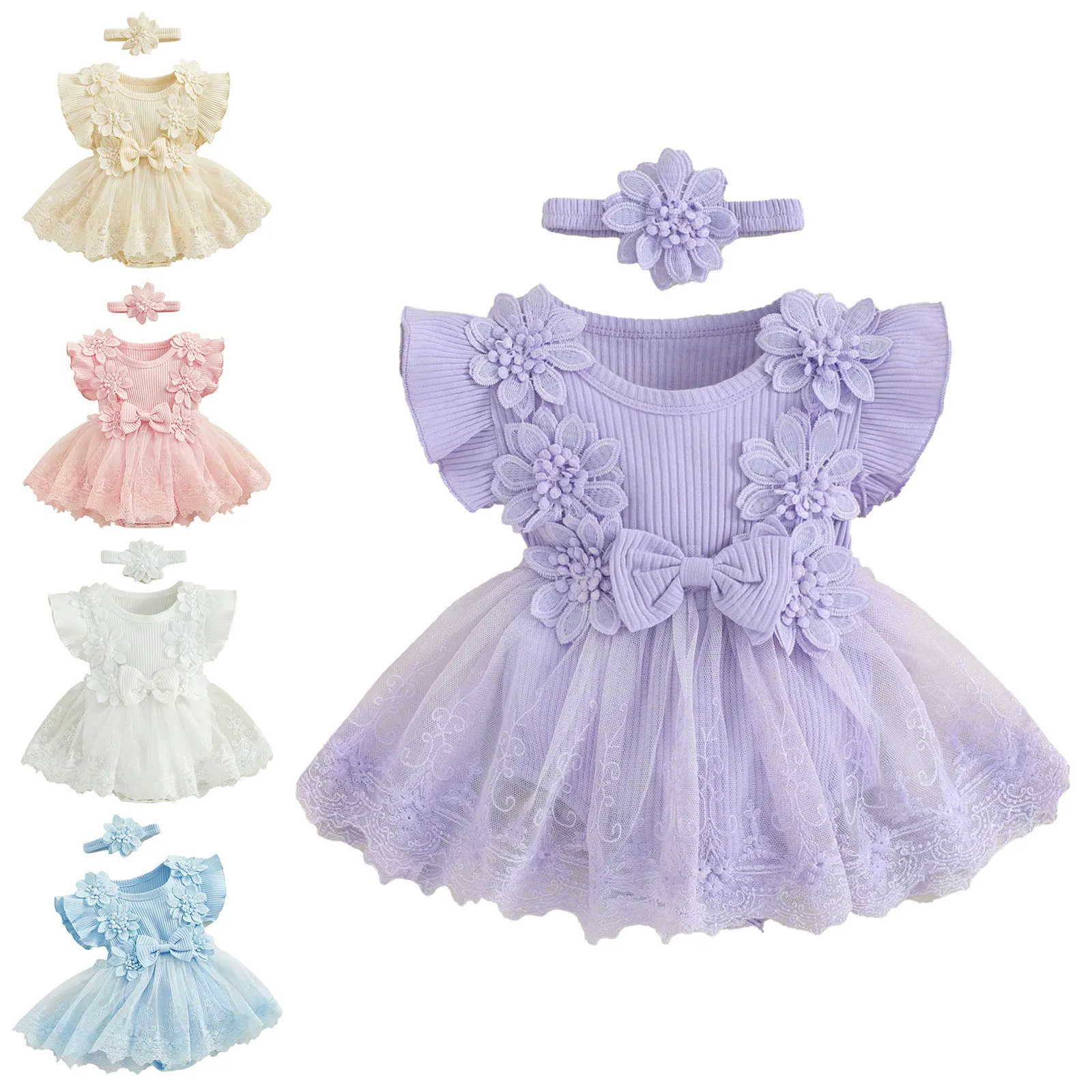 

TiaoBug Infant Baby Girls Lace Mesh Dress Applique Fly Sleeve Flower Skirt Jumpsuit with Headband Adorable Party Dress