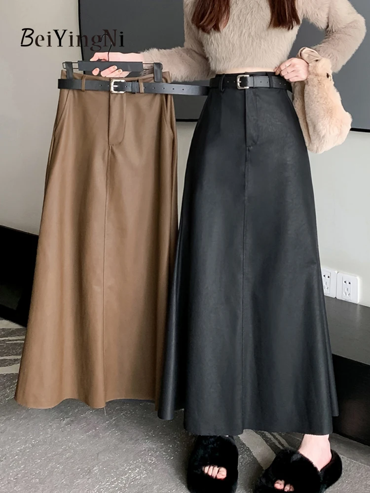 Beiyingni 2023 Модные Винтажные трапециевидные юбки из искусственной кожи с высокой талией для женщин приталенные Роскошные повседневные Черные Макси-юбки в стиле Харадзюку