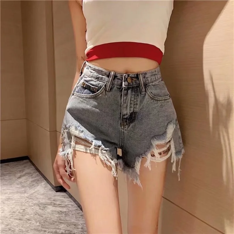 

Jeans Women's 2023Summer Thin Style New Wide Leg Perforated Ragged Edge High Waist Slim A-line Shorts