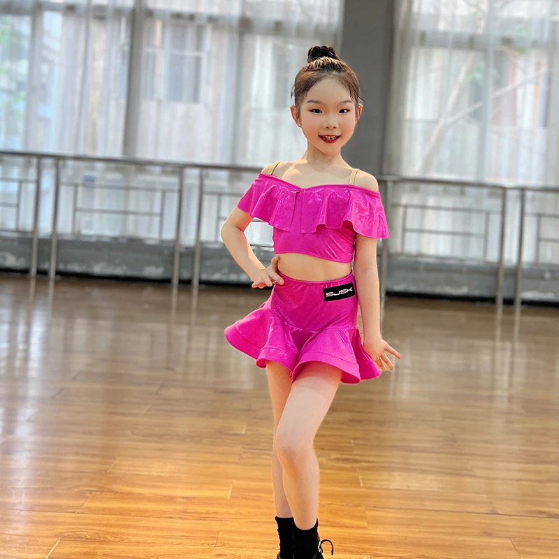 New Latin Dance Performance Dress For Girls Fluorescent Tops Split Skirts Suit Chacha Rumba Tango Latin Dance Wear DN17757