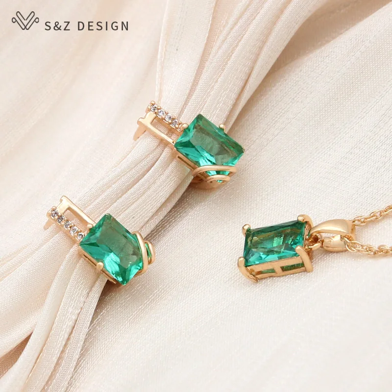 S&Z DESIGN New Champagne Gold Color Rectangle Crystal Dangle Earrings Jewelry Sets For Women Wedding Zirconia Pendant Necklace