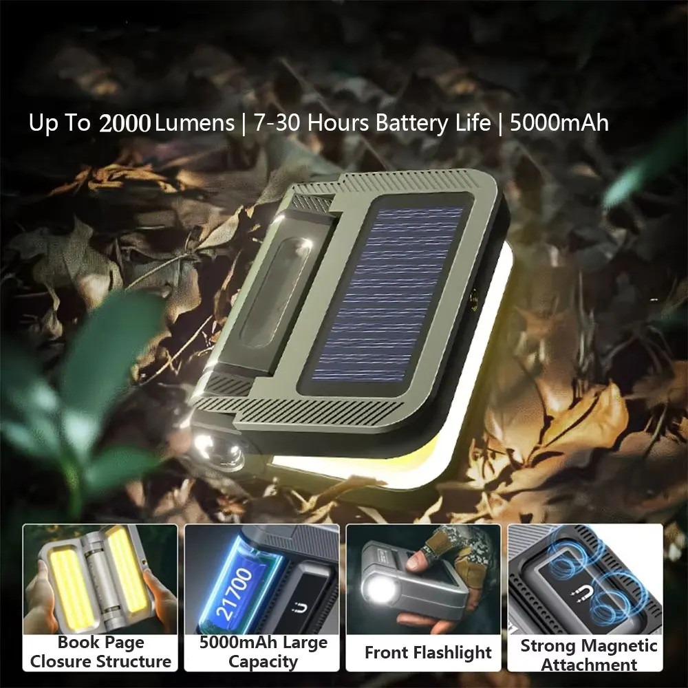 2000LM Rechargeable LED Camping Lantern – Magnetic Base, Solar Charging, Hook Design, Portable Emergency Tent Light 4