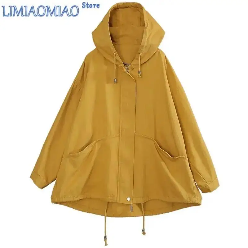 New Cotton Long Windbreaker Female Plus Size Spring Autumn Irregular Drawstring Korean Loose Hooded Windbreaker Female