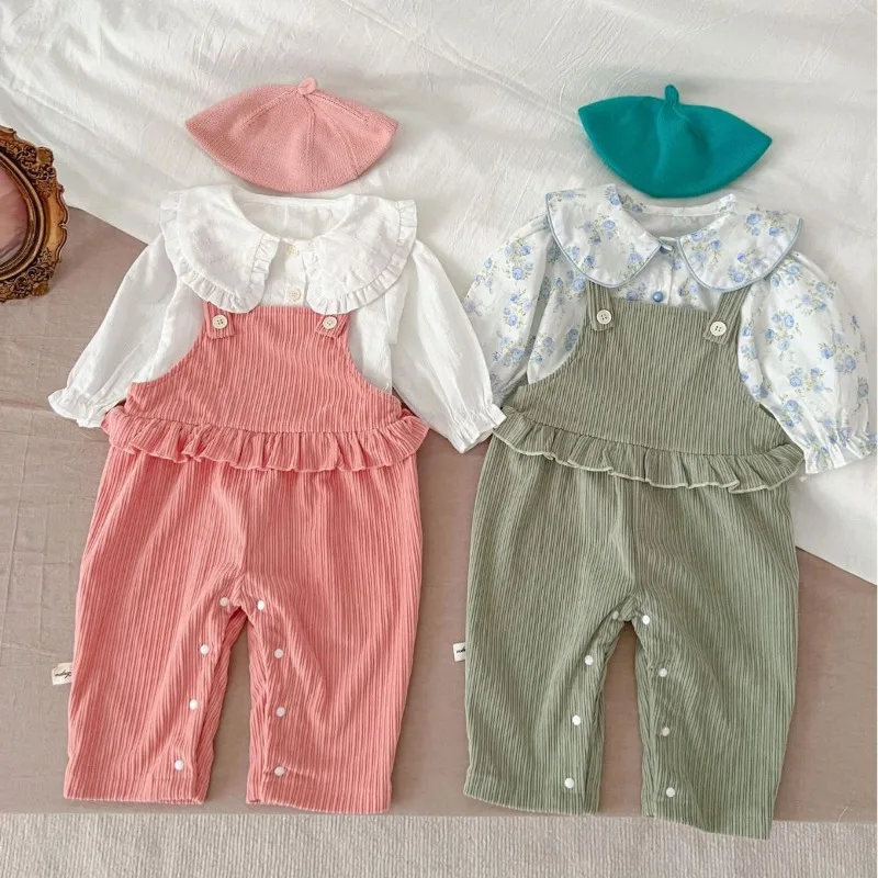 

New Girls Two Piece Sets Top Undershirt Turn-down Collar Full Sleeve Overall Pant Loose All-match Soft Outdoor Spting Autumn