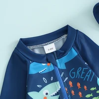 Toddler Baby Boys Summer Swimsuit Set Fish Print Long Sleeve Tops Elastic Waist Swim Trunks Hat Kids 3Pcs Bathing Suit 4