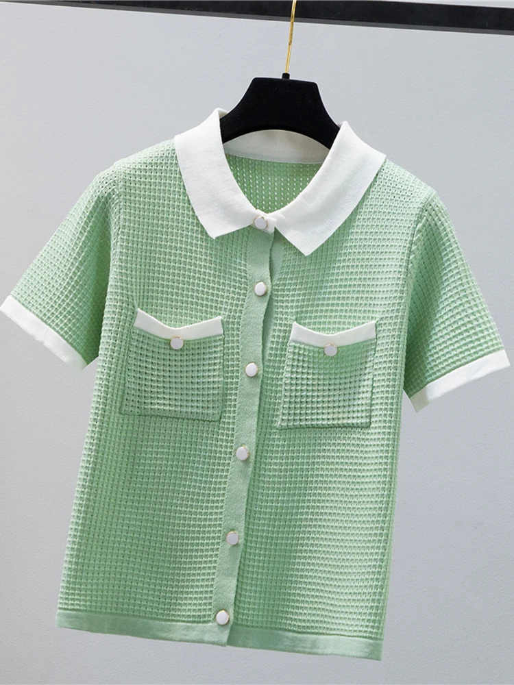 

Thin Knitted T Shirt Women Button Cardigan T-Shirts Korean Fashion Womens Clothing 2022 Summer Tops Short Sleeve Tee Shirt Femme