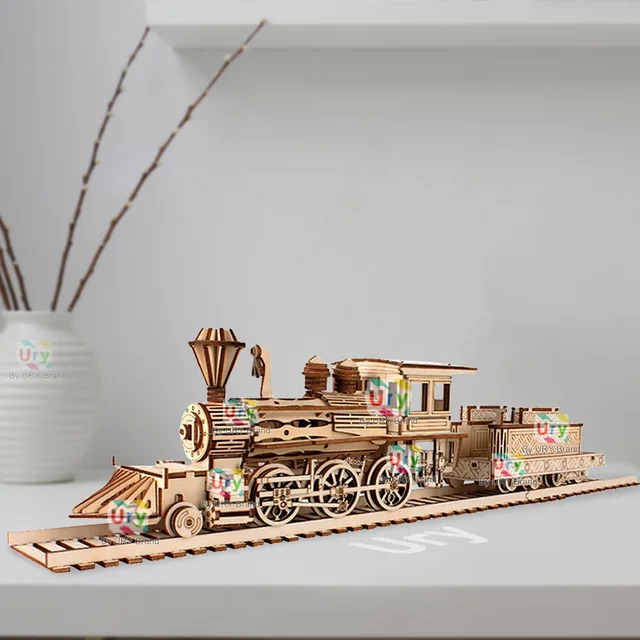 Ury 3D Wooden Puzzle Retro Steam Train with Track Railway Bridge Handmade Assembly Truck Model DIY Toys Decoration Gift for Kids 6