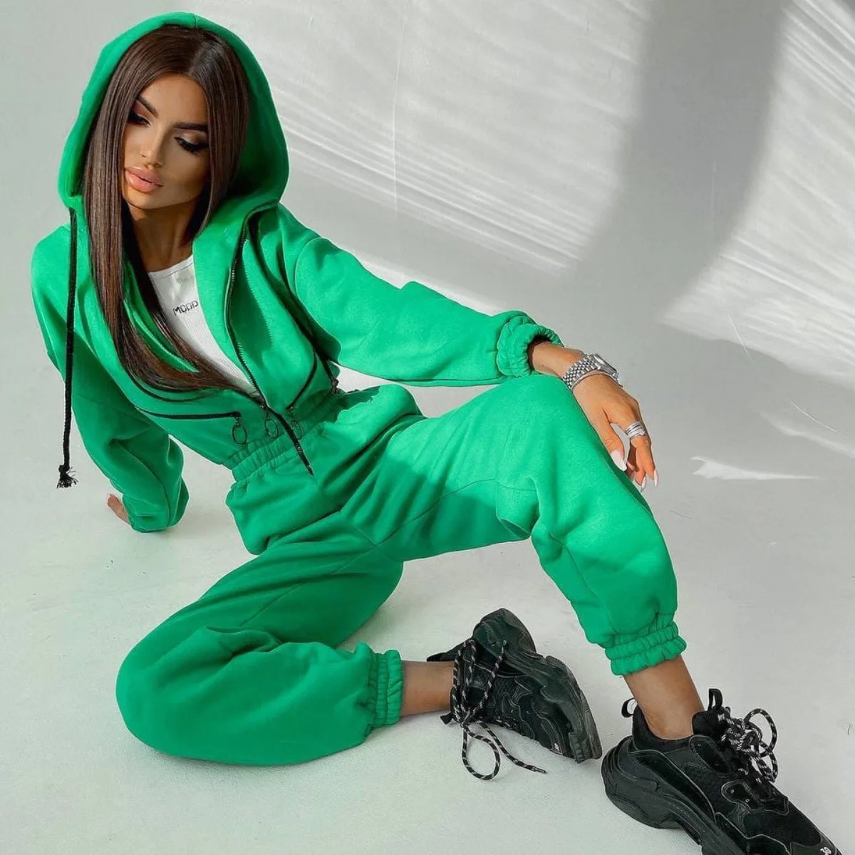 2024 Spring Women Suit Tracksuit Hoodies Pocket Long Sleeve Black Rompers Pants Set Female Winter Warm Casual Sport Rompers Lady