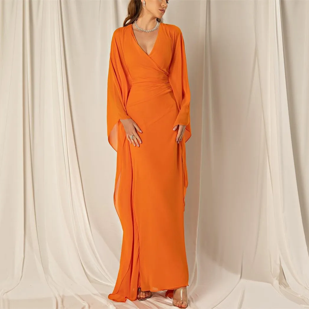 

Vintage Long V-Neck Chiffon Evening Dresses With Sleeves فساتين سهرة Sheath Orange Ankle Length Prom Dresses for Women