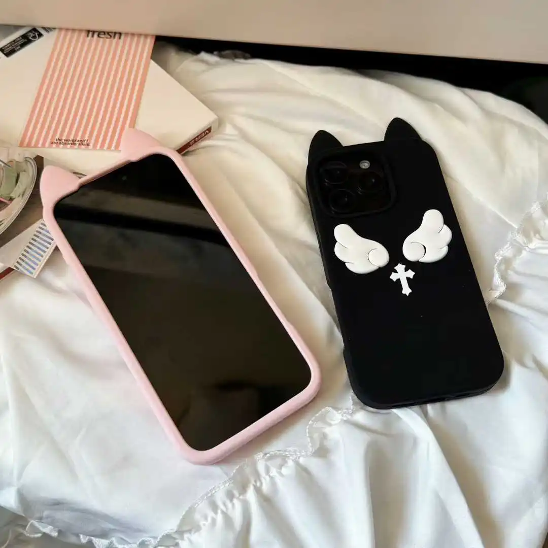 Cartoon Cute Cat Ears Angel Silicone Soft Case for IPhone 17 16 15 14 13 Pro Max 17Pro 16Pro IPhone17 IPones Women Back Cover 5