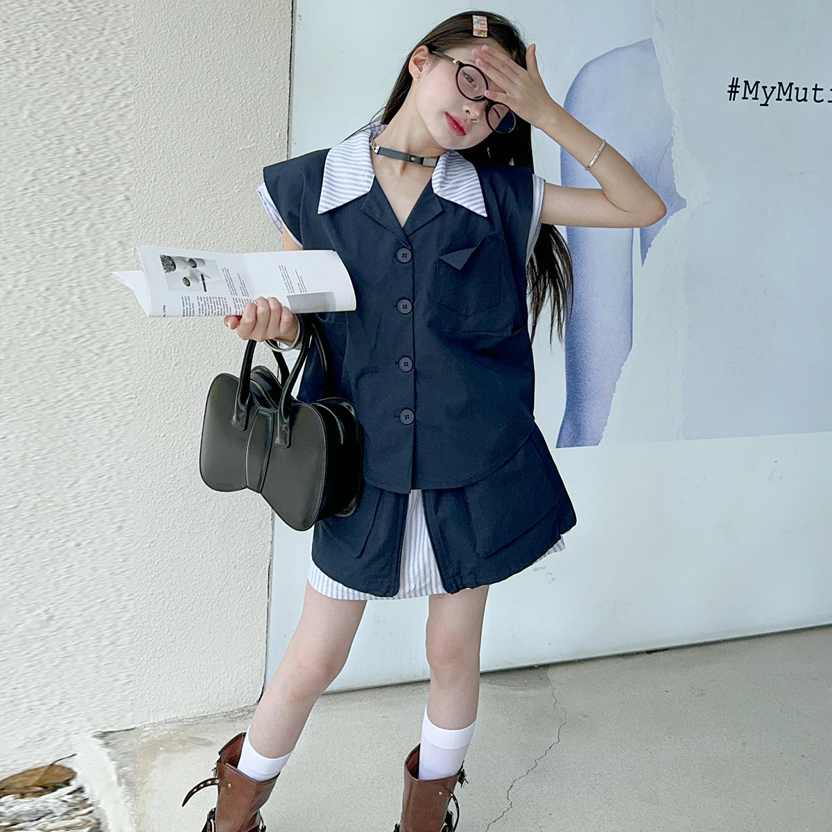 청소년 소녀 스커트 세트, 스트라이프 스플라이싱 라펠 세트 조끼 셔츠, 하이 웨이스트 스커트, 10, 12, 14, 십대 어린이 세트, 어린이 의상, 2 개