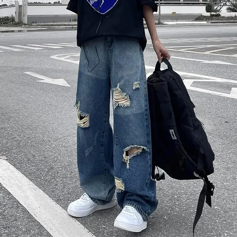 

Straight Broken with Holes Pockets Ripped Male Cowboy Pants Trousers Torn Jeans for Men Clothes Y2k 2000s Cheap High Quality Xs