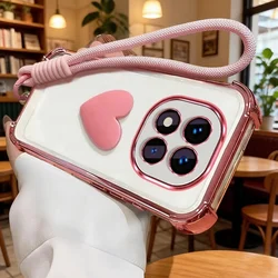 Clear Shockproof Plating Phone Case with 3D Love Heart Design and Rope Lanyard, Soft Silicone for Honor 300 Ultra (Pink)
