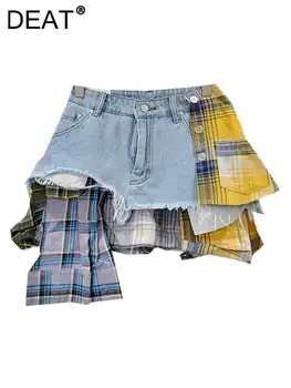 DEAT Women's Denim Skirt Colored Plaid Patchwork Irregular Deconstructed A-line High Waist Mini Skirt 2026 Spring New Fashion