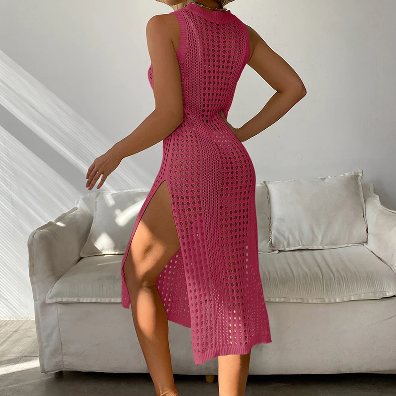 Knitted beachwear sweater vacation sexy white round neck sleeveless breathable long high slit dress sun protection cover-up