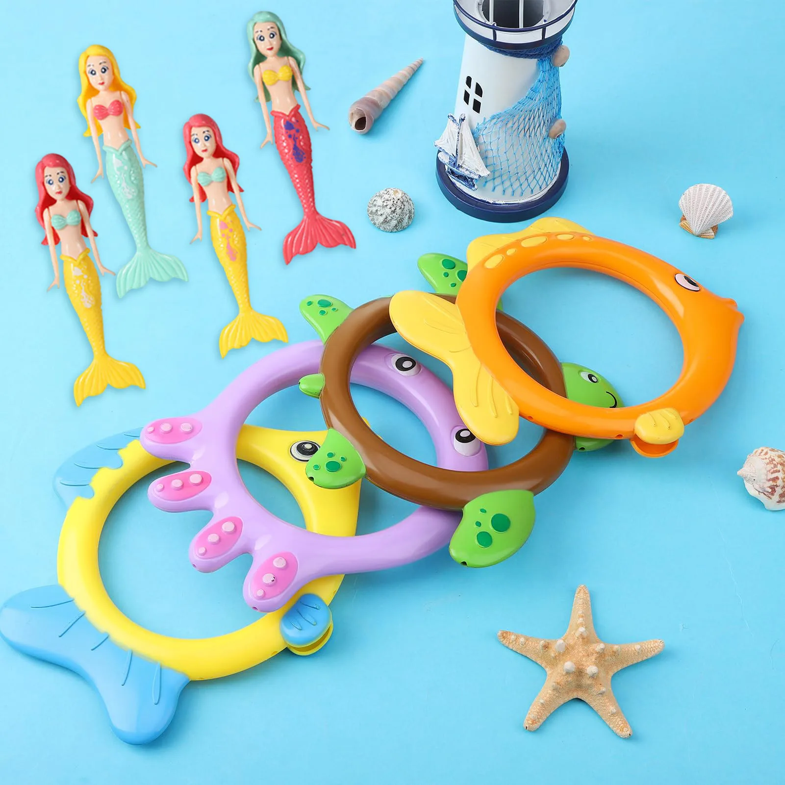 8Pcs Swimming Pool Toy 4 Rings and 4 Mermaids Diving Ring Toy Multicolor Underwater Diving Toys Cute for Training