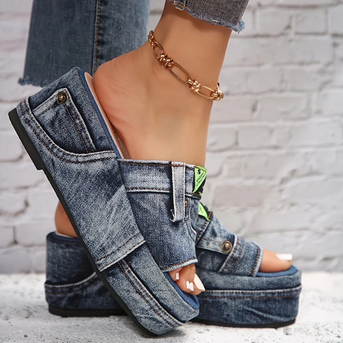 Women's Denim Platform Sandals Casual Wedges Heeled Summer Slides_voghion.com
