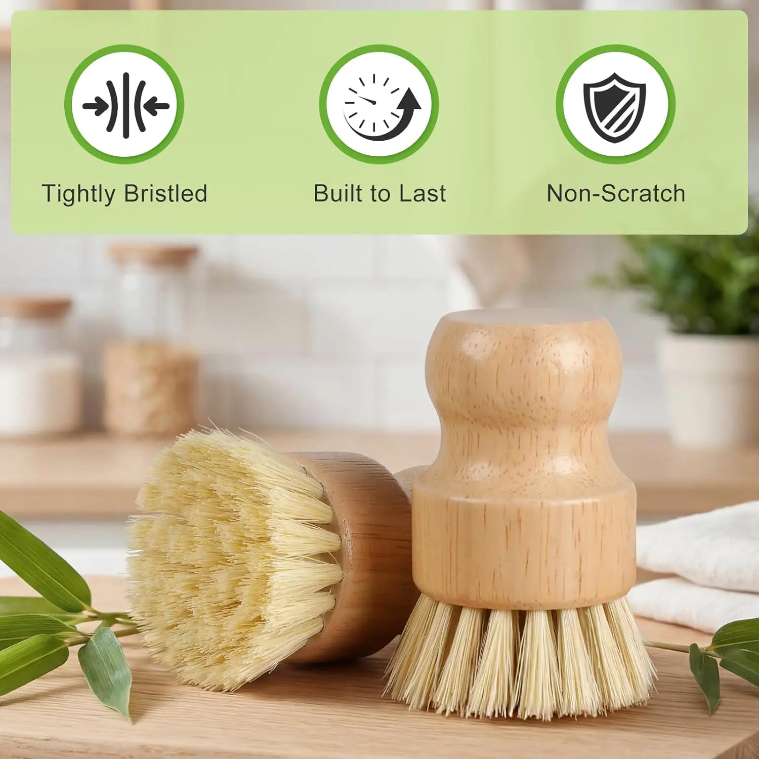 Eco-Friendly Bamboo Dish Brushes - Natural Scrub Brush Set with Durable Sisal Bristles