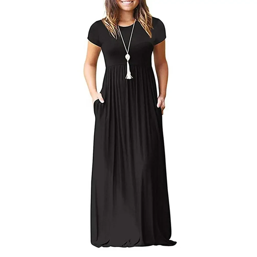 

Women's Short Sleeve Solid Maxi Long Dresses with Pockets