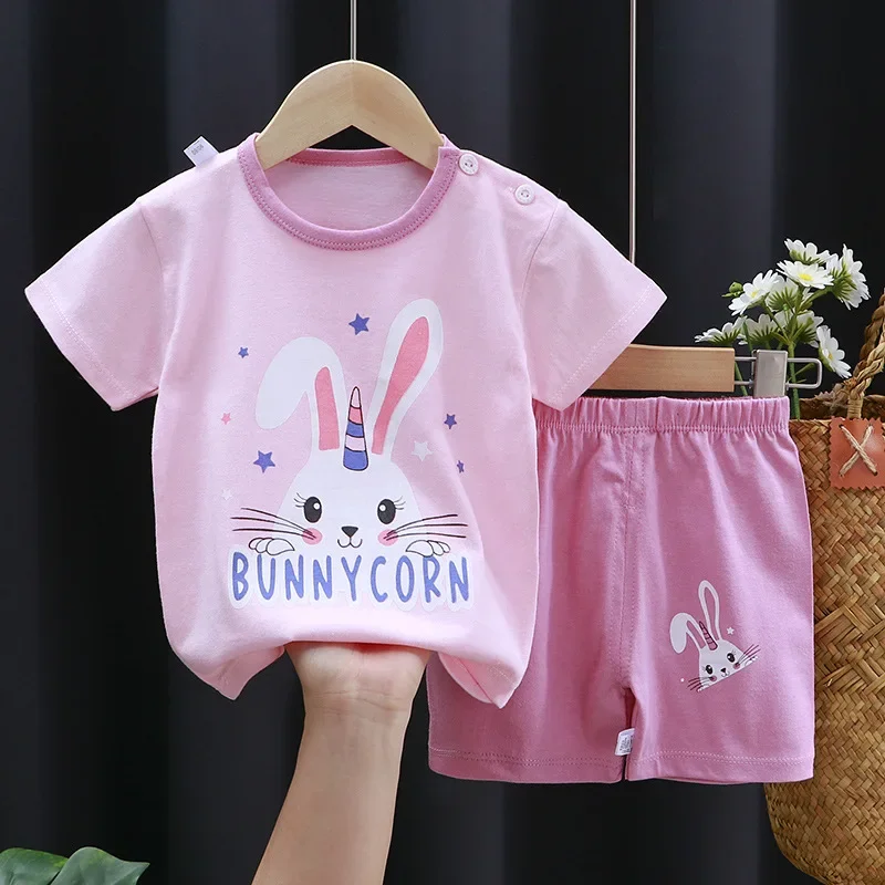 Girls Clothing Set Summer Children's Short-sleeved Shorts Suit Cotton T-shirt Baby Girls Cartoon Unicorn Set