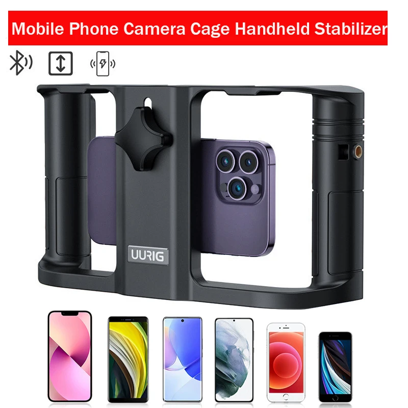 

UURIG Phone Camera Cage Stabilizer with Wireless Charging 1/4 Screw Phone Holder for Iphone Android Fill Light Mic Video