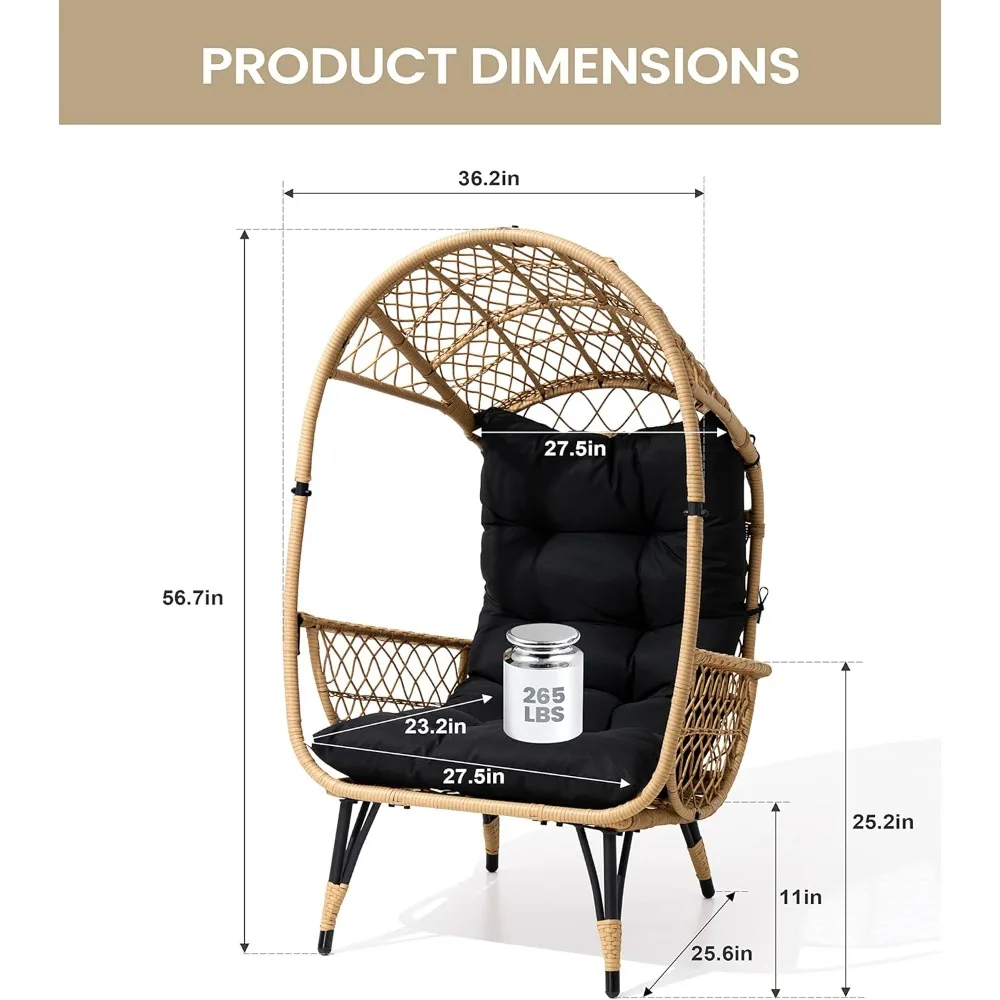 Hand Woven Wicker Egg Chair, Patio Sun Shade Egg Chair with Wide Armrest Allow You to Relax, Strong Metal Frame Lounge Chair w/C 2
