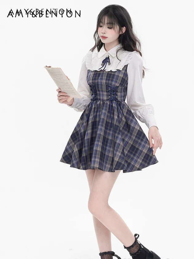 

Autumn American Retro Plaid Dress Women Puff Sleeve Bow Lace-up Dresses High Waist Slim Fashionable Sexy HotSweet Maxi Dress