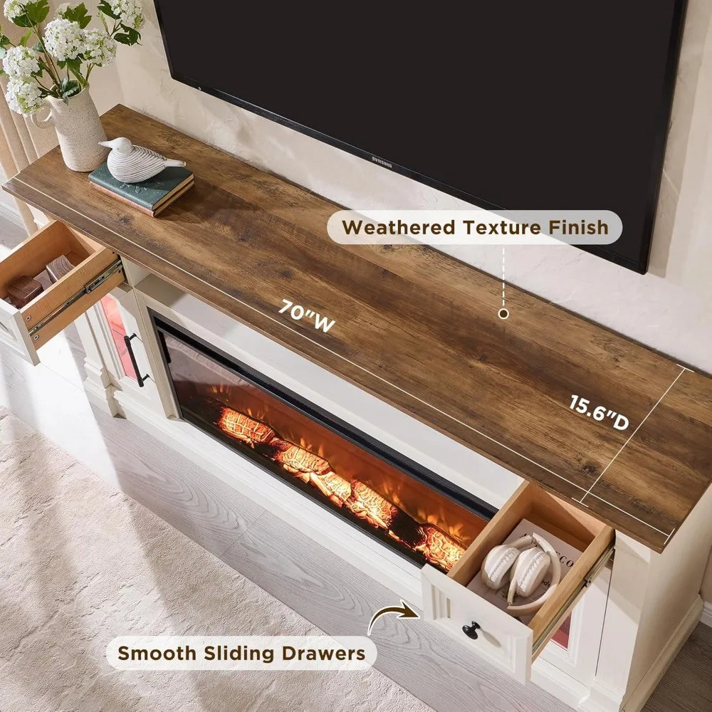 Fireplace TV Stand for 80 Inch TV - Farmhouse Entertainment Center with 42" Electric Fireplace & LED Lights,for Living Room 4