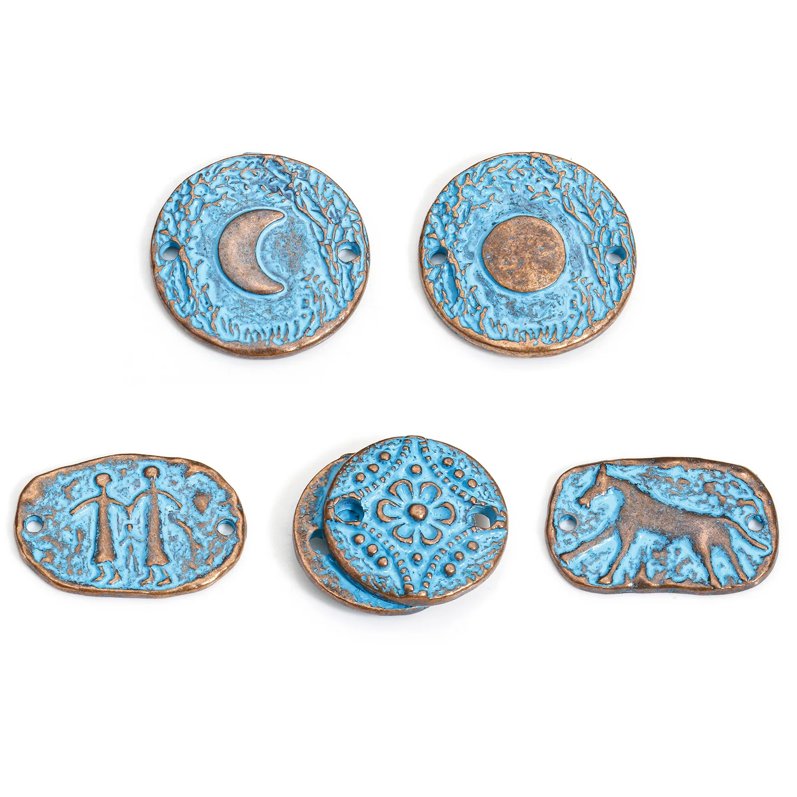 10pcs Bohemian Style Connectors  Antique Copper Blue Patina Geometric Charms Moon Flower Pattern Pendants DIY Necklace Jewelry