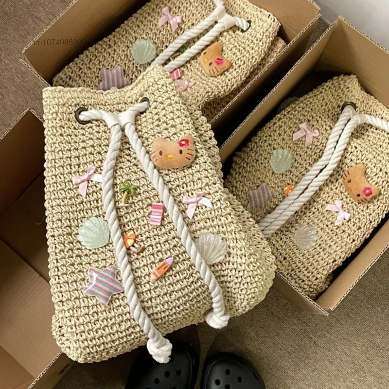Sanrio Hello Kitty Star Women Braid Drawstring Bag Y2k Pure Handmade Bohemian Style Backpack Y2k Cute Sweet Girl Shoulder Bag