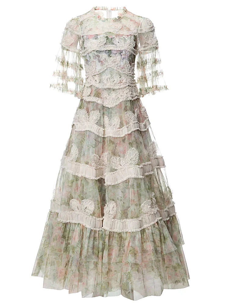 

Female Extravagant Catwalk High Quality Spring Fashion Party Mesh Printed Casual Bohemian Slim Pretty Long Dresses For Women