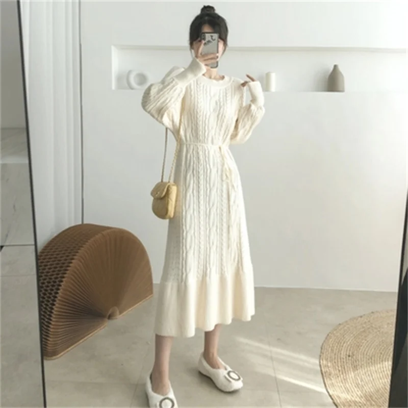 

Twist Knitted Over-the-knee Sweater Skirt Female 2022 Autumn Winter Long Thickened Bottoming Skirt Gentle Wind Dress Super Fairy