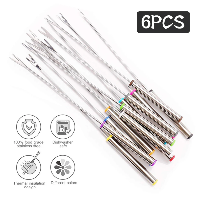 Description Picture 4 of item6Pcs Stainless Steel Chocolate Fork Cheese Pot Hot Forks Cake Fruit Dessert Fork Set Fondue BBQ Meat Skewer Kitchen Accessories