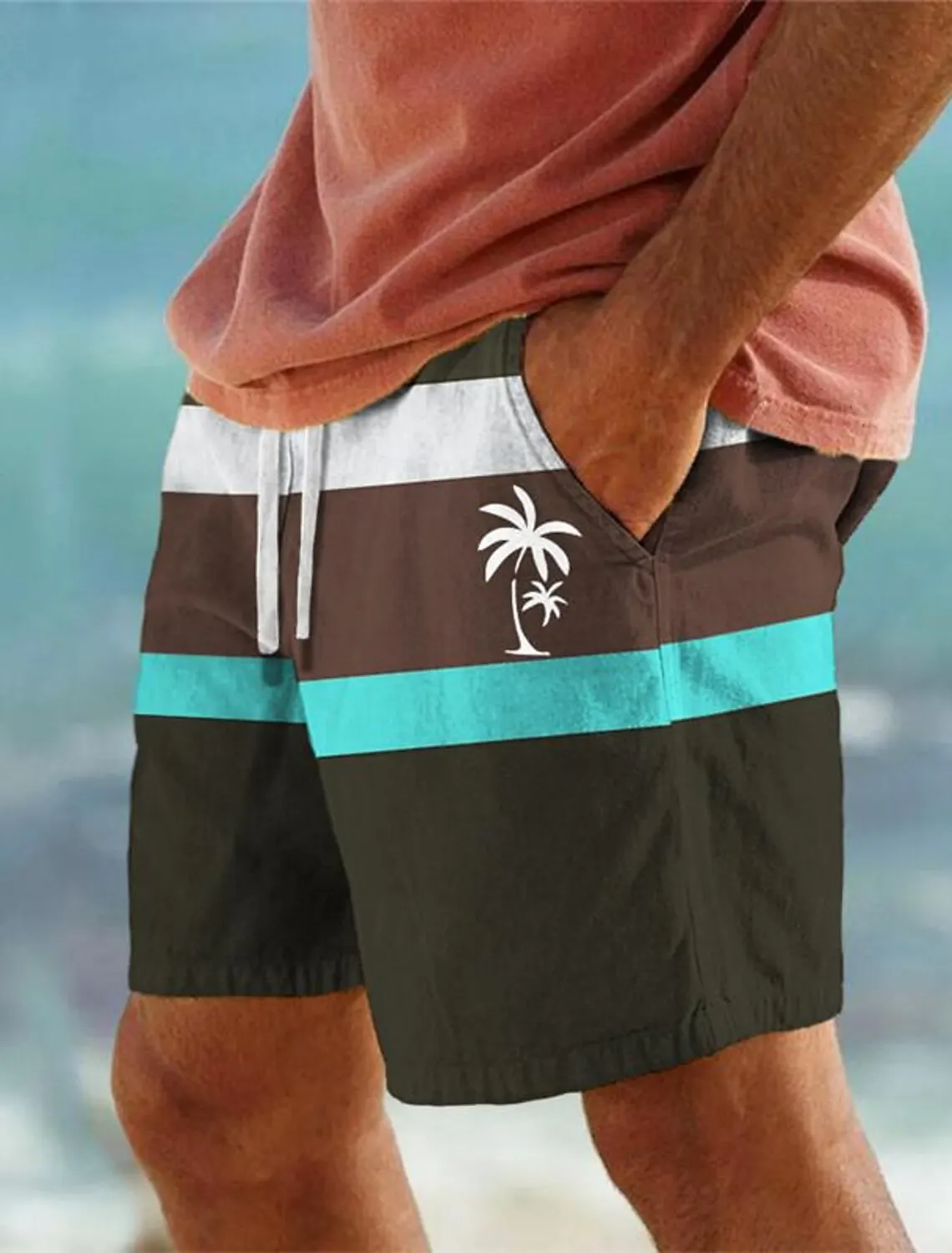 thumbnail image 1 of Bañador con estampado 3D de palmeras a rayas para hombre, estilo hawaiano, con cintura elástica y cordón, para vacaciones y playa, 1 of 4