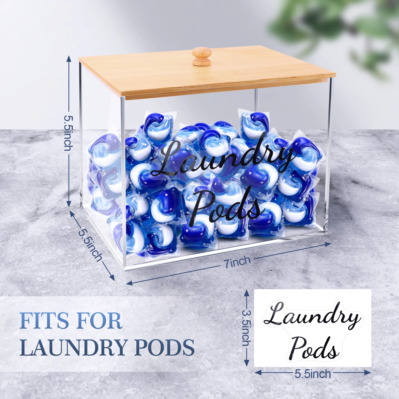 New Laundry Pods Holder Container for Laundry Room Organization Acrylic Box with Bamboo Lid for Laundry Powder, Dryer Balls 4