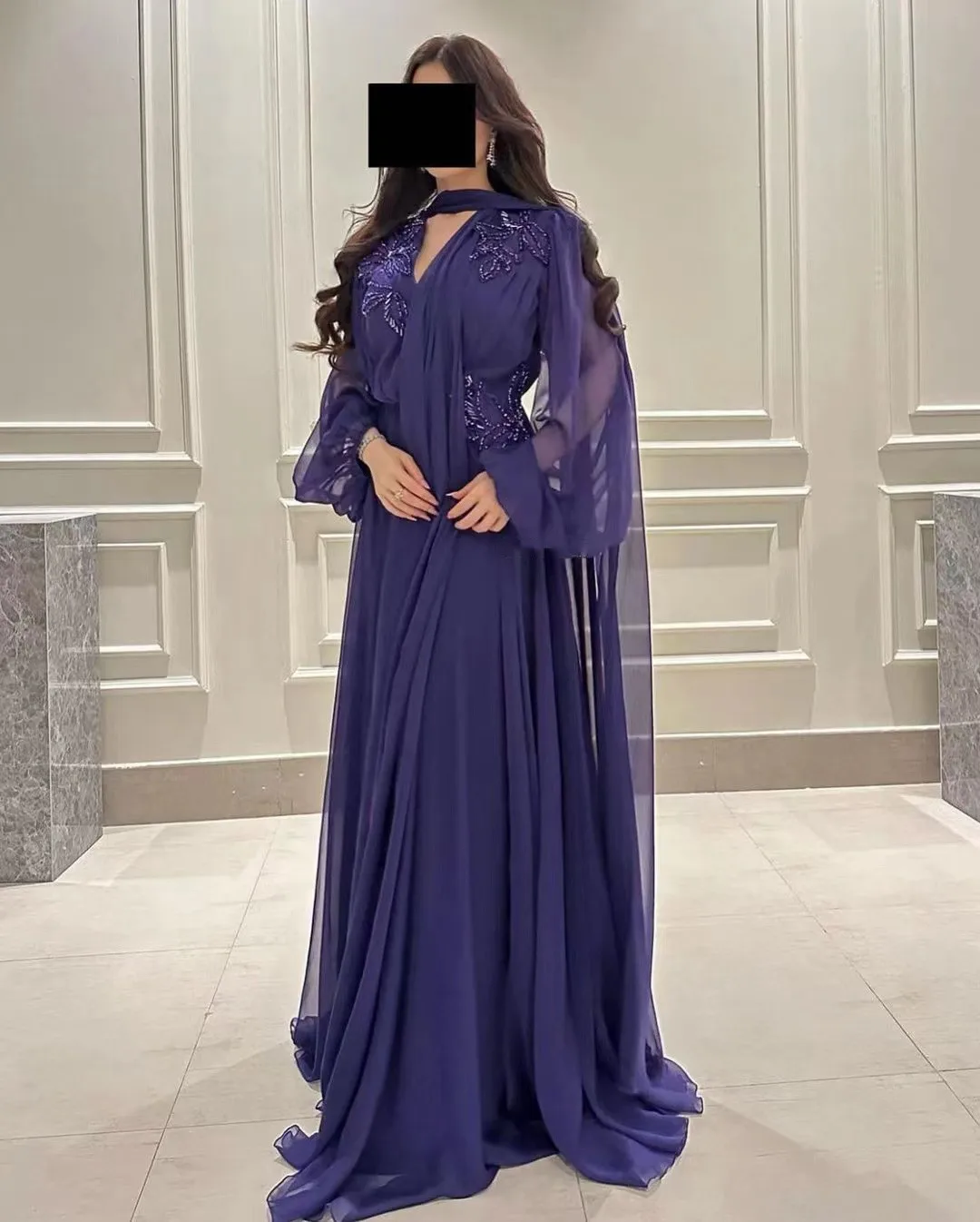 

Saudi Arabia Women Evening Dresses V Neck Beaded Long Sleeves A Line Prom Dress for Evening with Wraps Wedding Guest Party Gowns