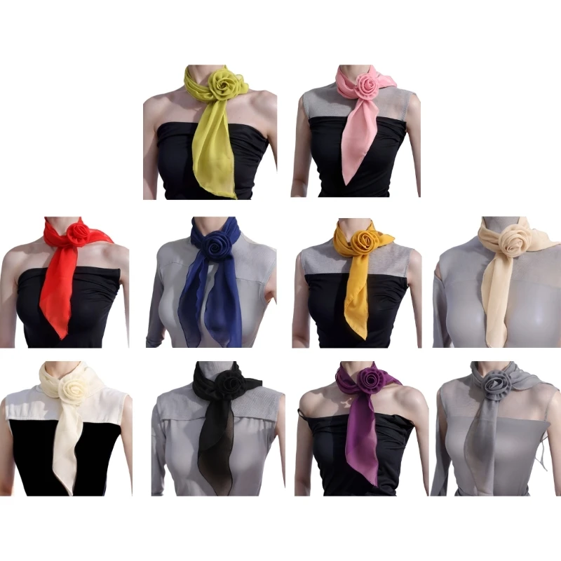 

Decorative Rose Flower Necktie Small Silk Scarf for Girl Women Dress Neckwear Dropship