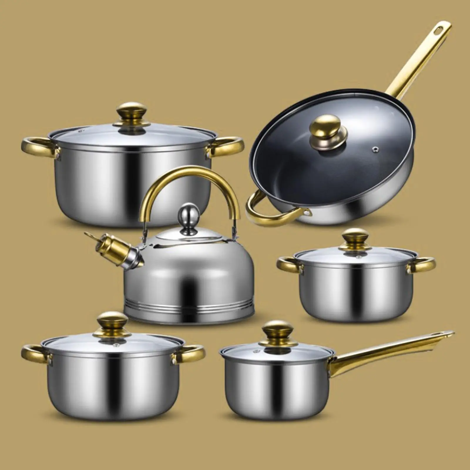 6 Pieces Stainless Steel Ergonomic Handle Portable Nonstick Pan Saucepan Pots and Pans Set Kitchen Cooking Set for Kitchen Home