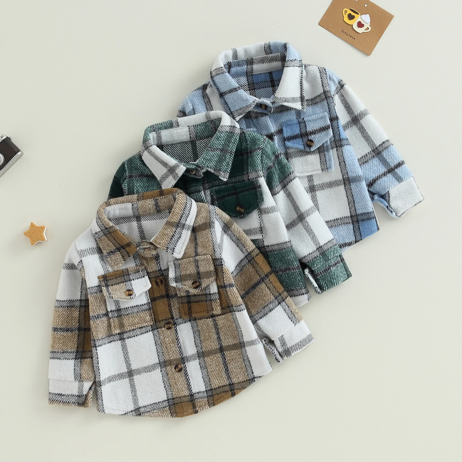 Toddler Jackets Fall Winter For Boys Long Sleeve Turn-Down Collar Button-Down Plaid Shirts Coat Children Outerwear Clothes