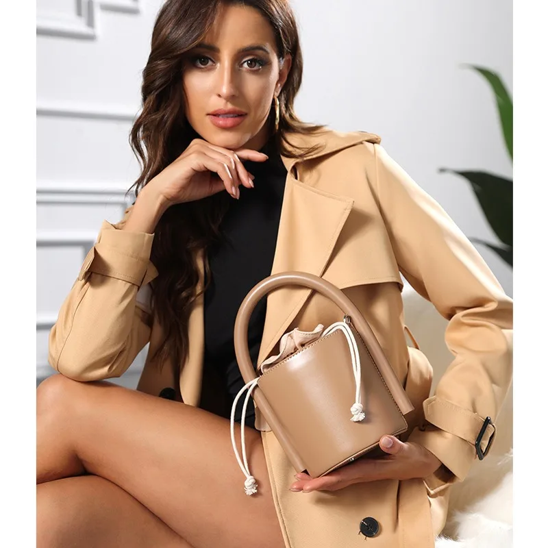 Buckets Totes  Hollow Drawstring Canvas Cylinder Small Bag Summer Handbag Bucket Purse Genuine Leather Bag сумка женская